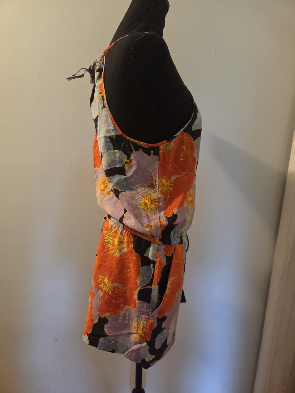LOFT Black Floral Spaghetti-Strap Romper with Orange & Lavender Bloom - Picture 3 of 9